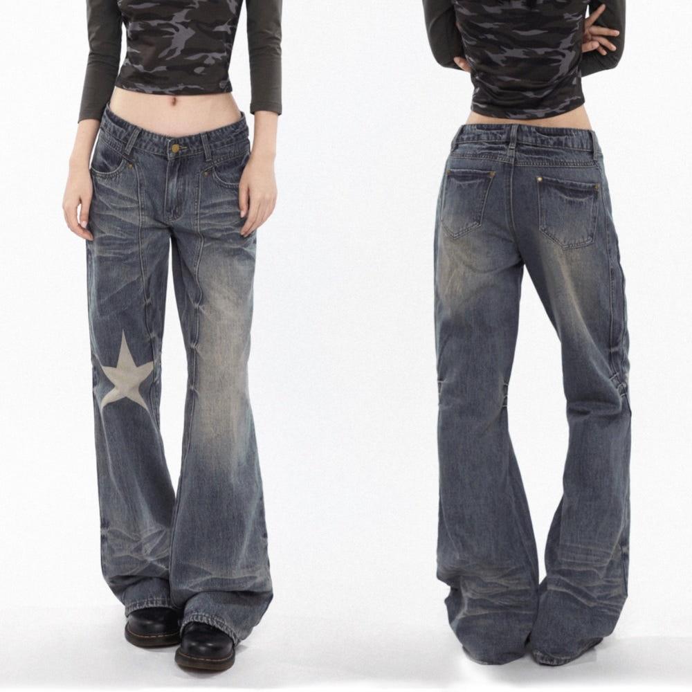 CLOTHESVOICE 별모양 워싱 고양이수염 데님 팬츠 일자핏 빈티지 진청