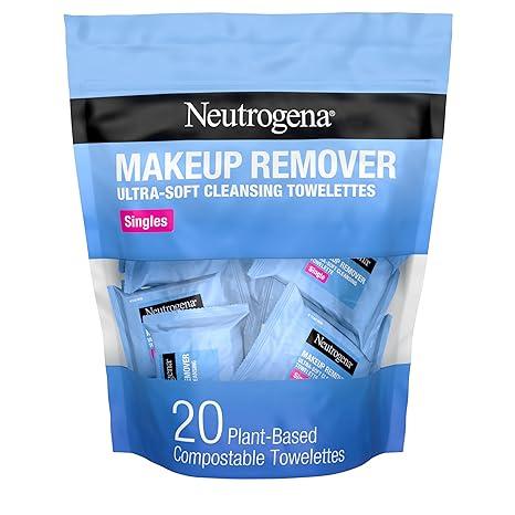 Neutrogena 메이크업 리무버 페이셜 클렌징 타월 싱글, 데일리 페이스 물티슈, 먼지, 오일, 메이크업 및 방수 마스카라 제거, 부드러운, 개별 포장, 100% 식물 기반 섬유, 20개입