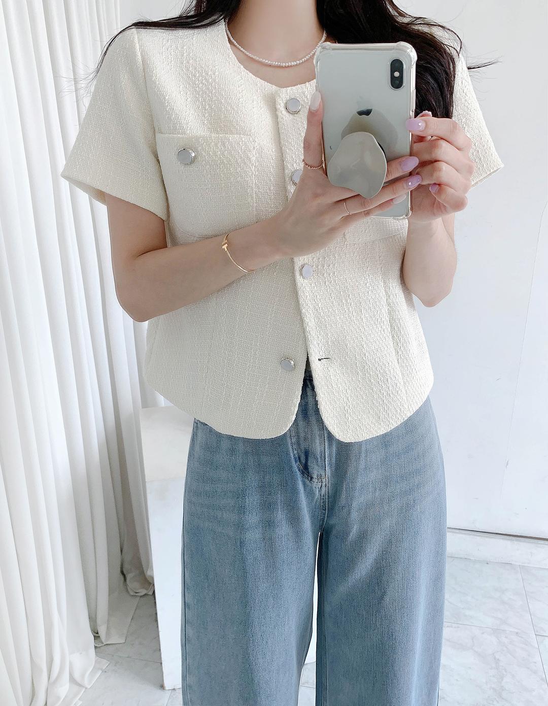 [자체제작무배] 블링 노카라 반팔 트위드자켓(2col)