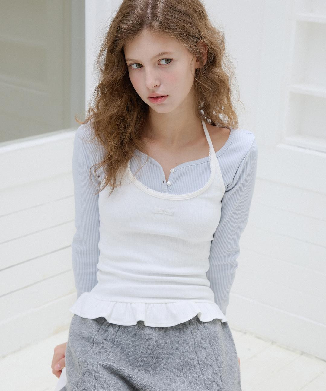 [New Drop 20% Off] Letters Frill Label Halter Neck Top ( White )