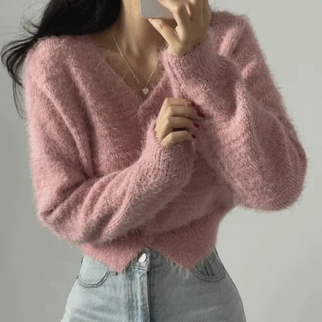 당일배송❤️여리여리~ 폭닥 도톰 앙고라 브이넥 크롭 긴팔 가디건 (7color)