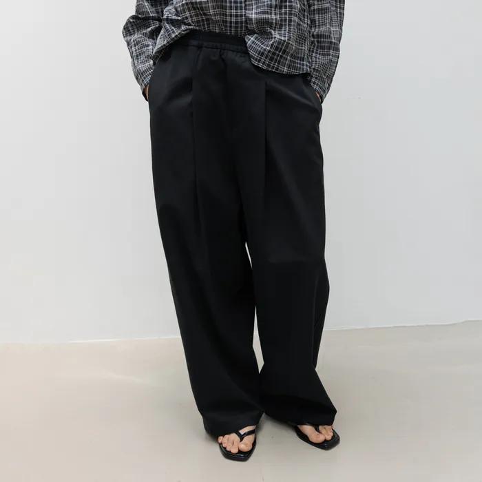 Wide Pleated Banding Pants (Black)