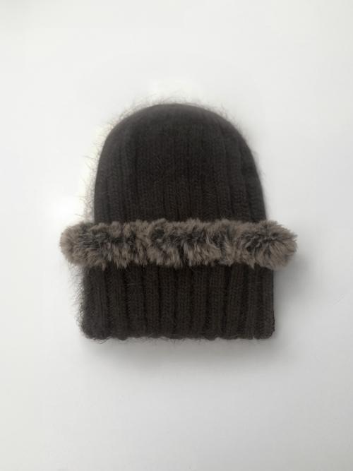 ANGORA KNTTIED FUR BEANIE BROWN (ORDER MADE)