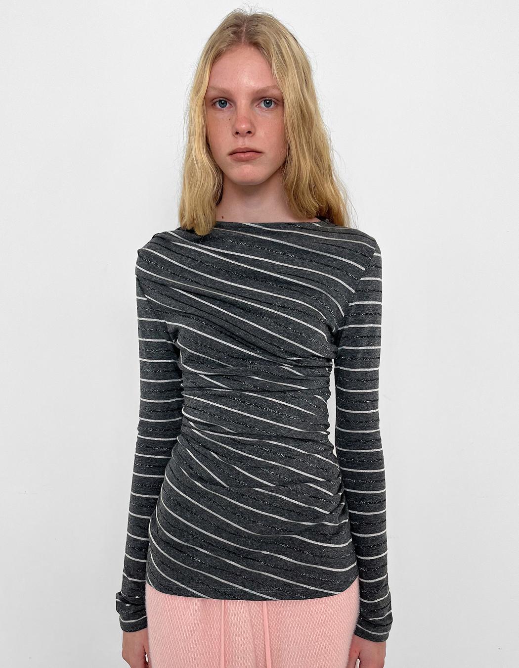 STRIPE RUCHED LONG JERSEY, GREY