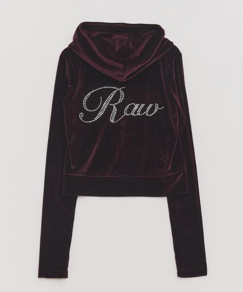 로고 큐빅 슬림핏 벨벳 집업 버건디