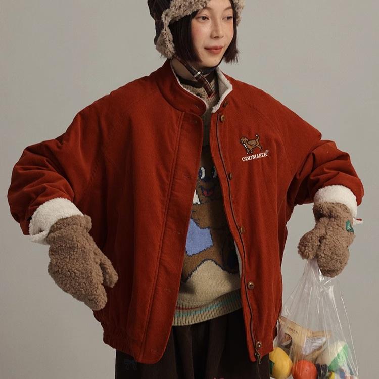 ODD MAKER 코듀로이 점퍼 차이나카라 자수 버건디 코튼 야상