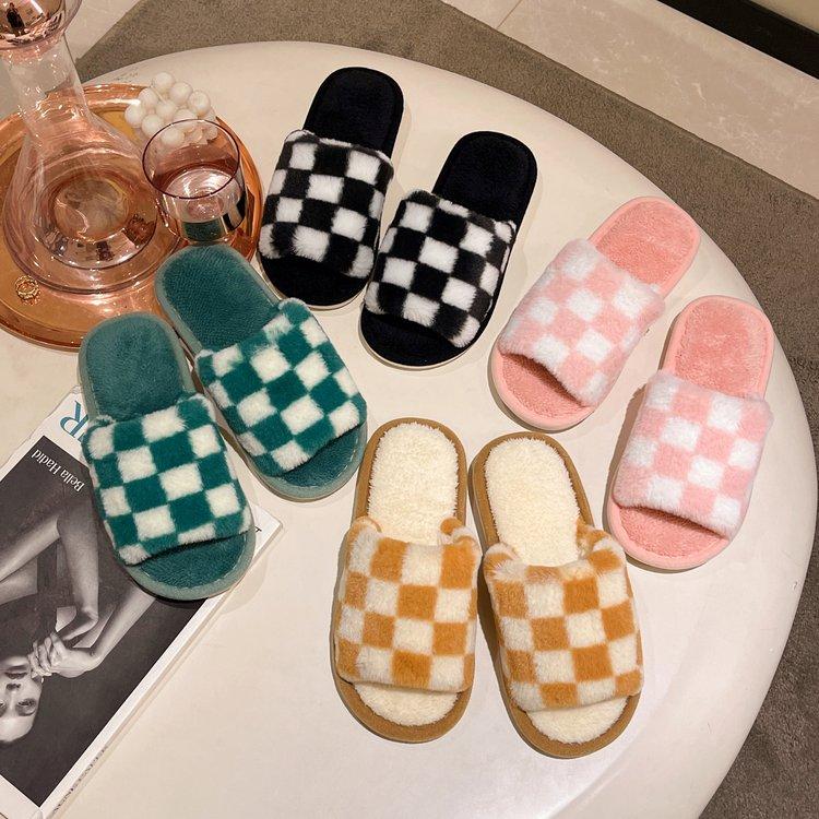 체크보드 털 슬리퍼 실내화 겨울 털슬리퍼