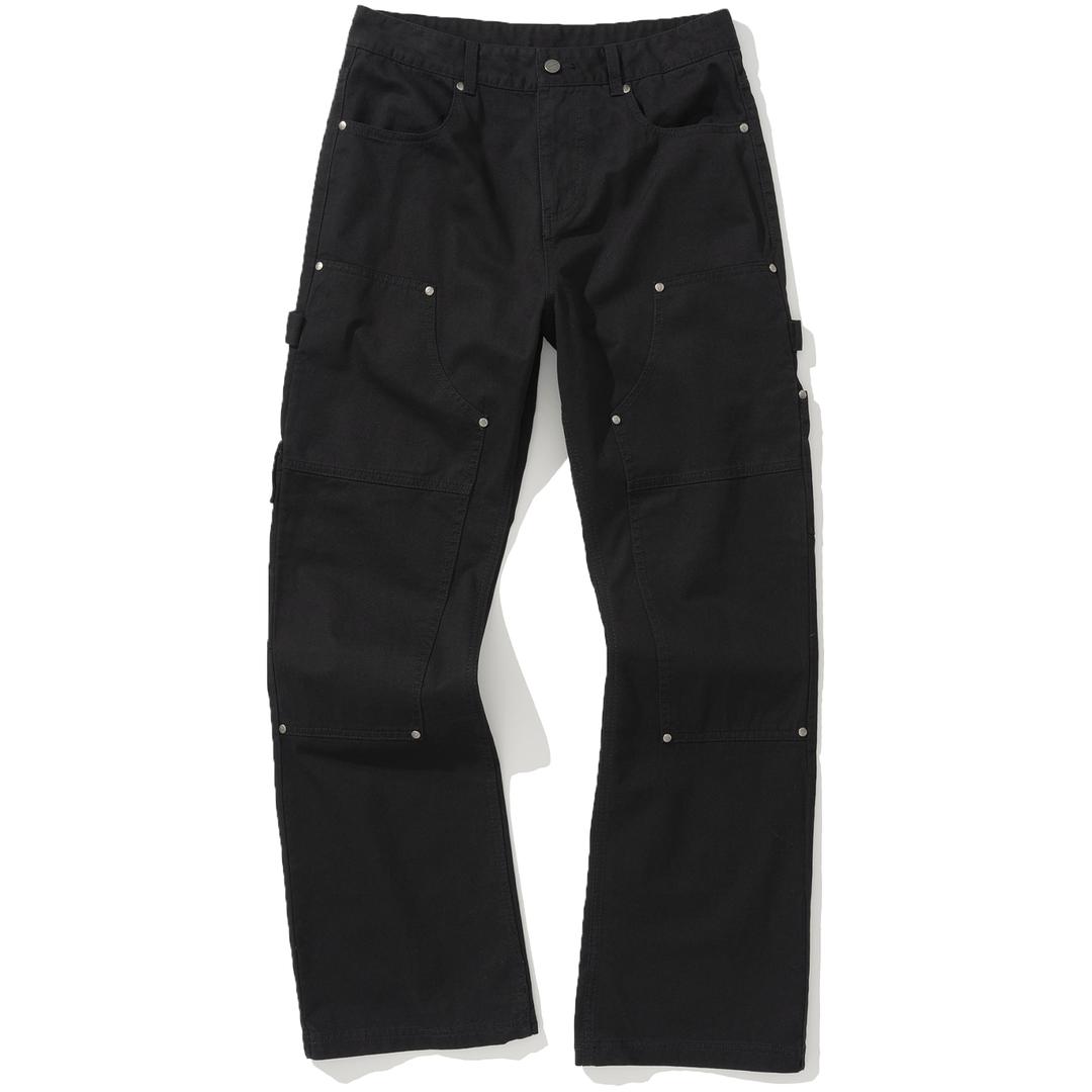Double Knee Carpenter Flare Fit Cotton Pants - Black