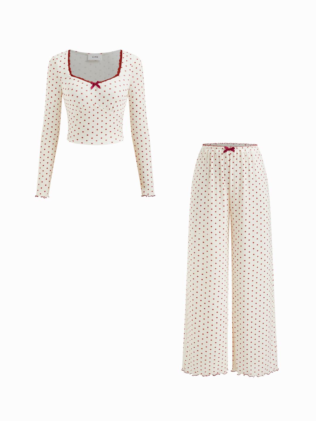 Sweetheart Polka Dot Bowknot Crop Top & Mid Rise Lettuce Trim Trousers Loungewear Set