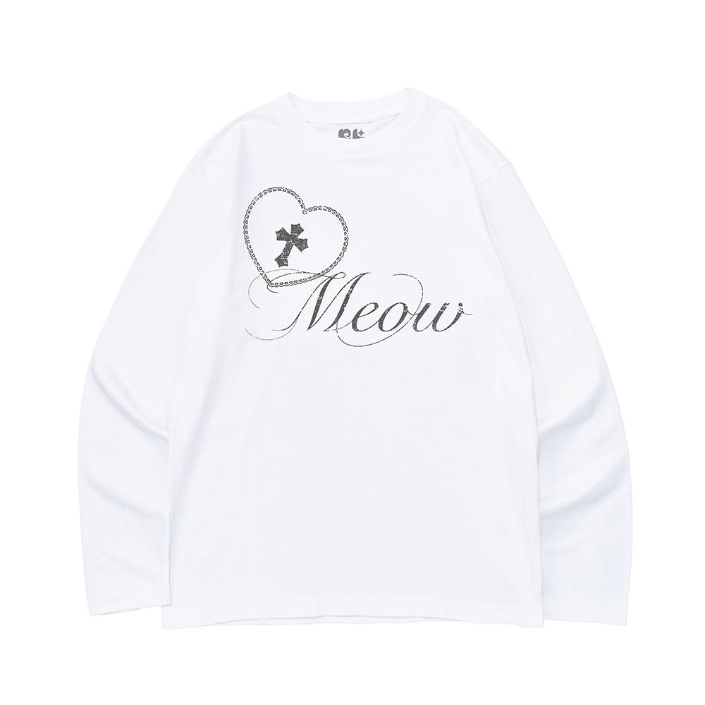 CROSS HEART MEOW PRINT LONG SLEEVE T-SHIRT (WHITE)