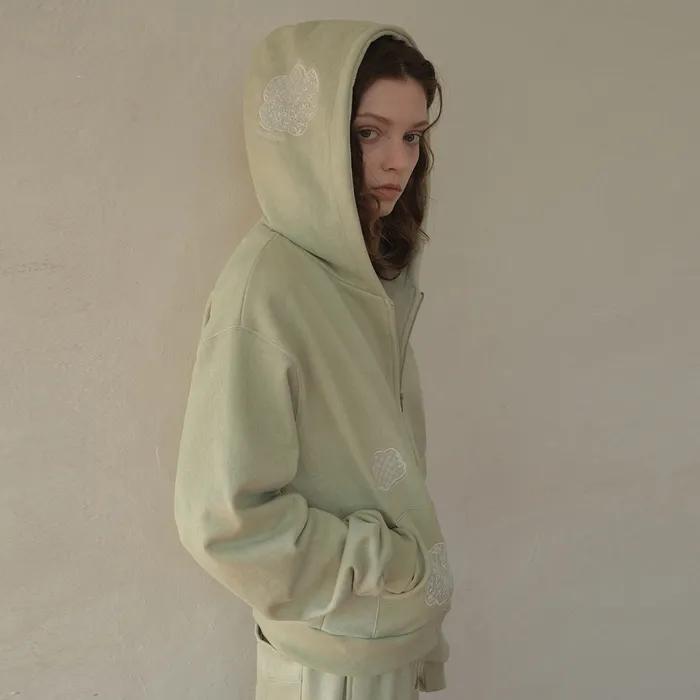 Lace Applique Pigment Hoodie Zip-Up_Dusty green(O26OT04)