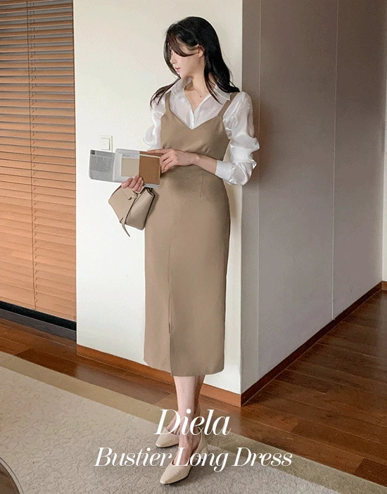 디엘라 뷔스티에 롱 원피스(하객룩/슬림핏/H라인/나시/레이어드/데일리룩/데이트룩/격식룩)