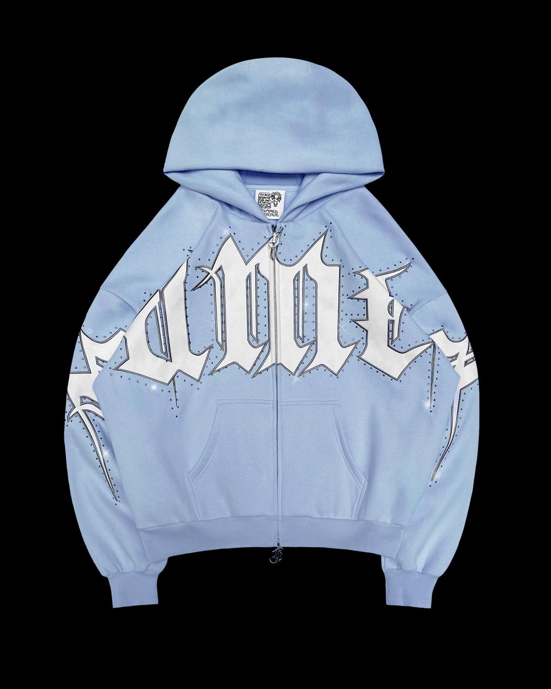 MONSTER RHINESTONE ZIP HOODIE BABY BLUE - XS