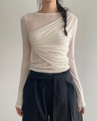 diagonal shirring span tee (4color)
