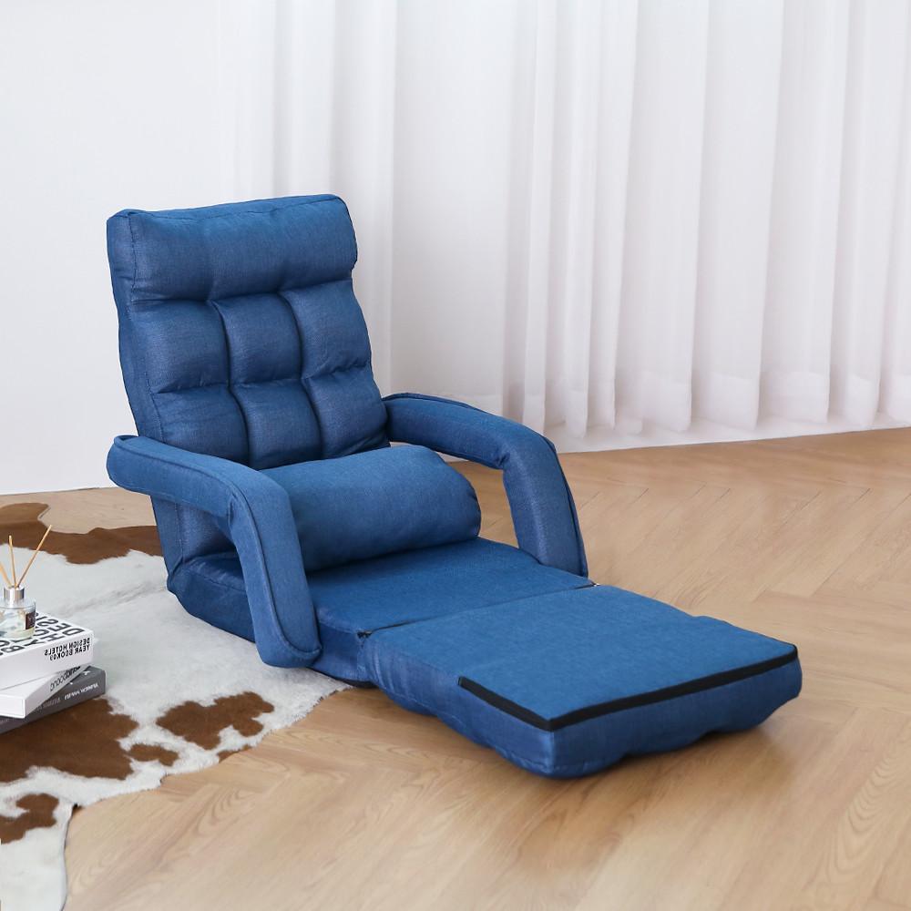 블루밍홈 루카 좌식의자 브라운 블루 패브릭 1인 등받이 팔걸이 각도조절 쿠션