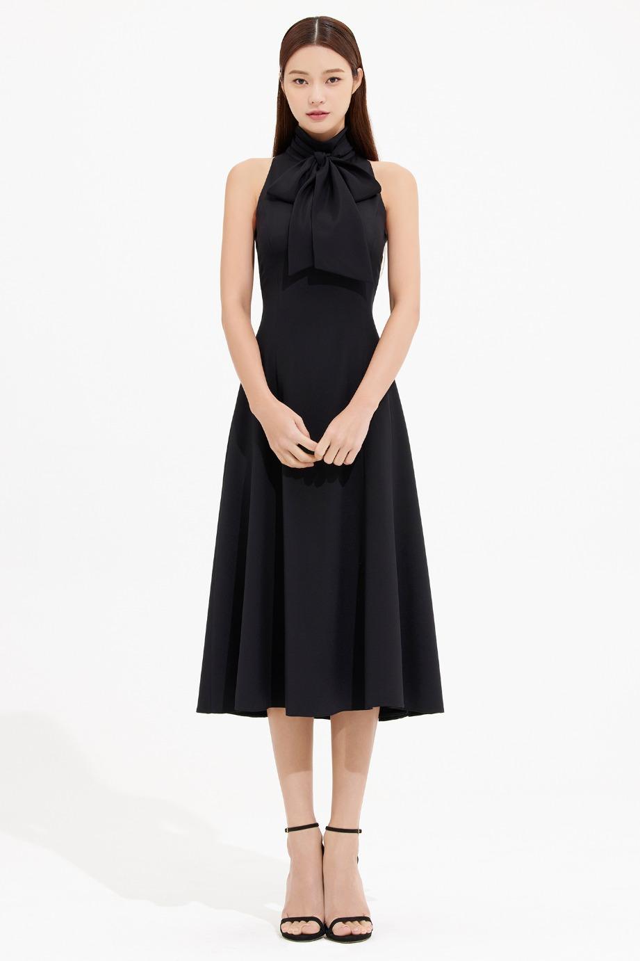 SILK TIE HALTER NECKLINE FLARE DRESS