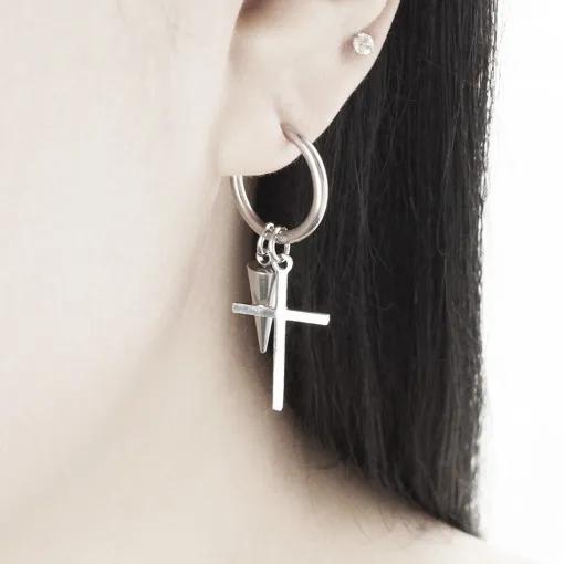 (귀찌가능) 써지컬스틸 십자가 콘 레이어드 드롭 원터치 링 피어싱 귀걸이 E-0045