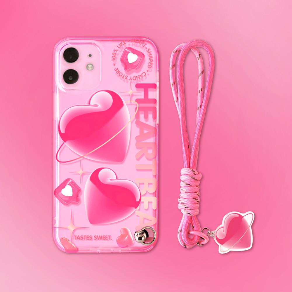 핑크 젤리 하트 케이스 스트랩 세트 유니크 키치 특이한 케이스 애플 iphone