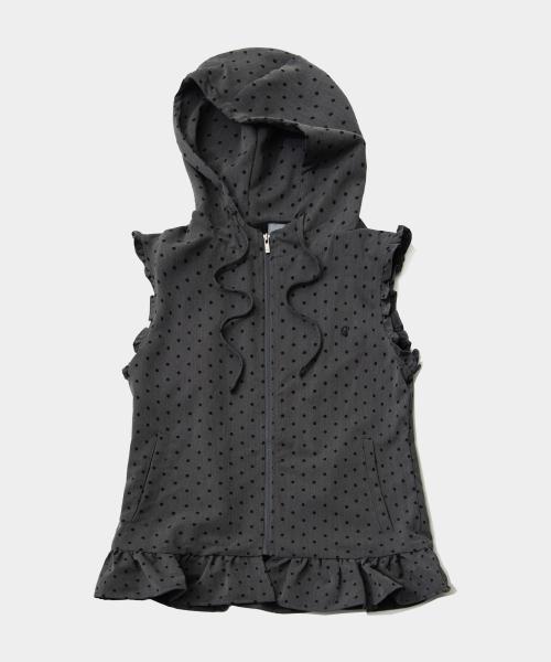 밑단 프릴 포인트 도트 레이어드 후드 집업 베스트 [차콜]