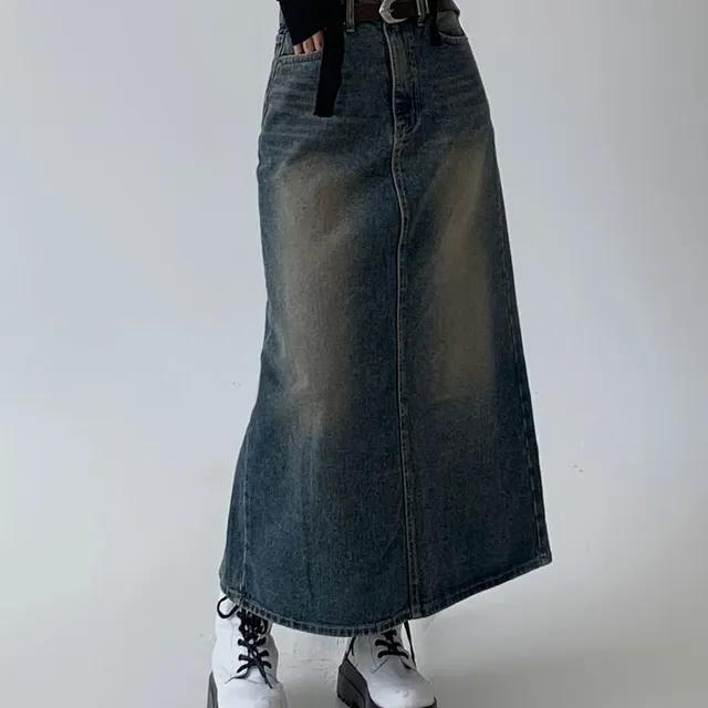 [S~3XL] 위드 빈티지 워싱 밴딩 롱 데님 스커트 (2 colors)