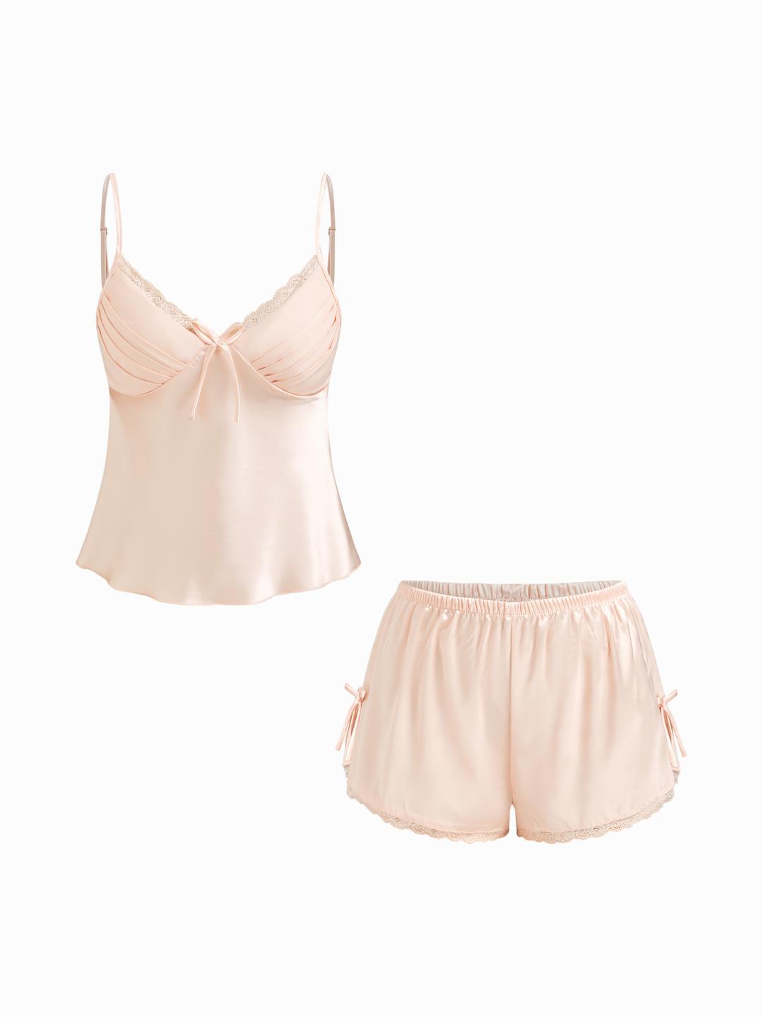 Satin V-neck Backless Bowknot Cami Top & Low Rise Lace Trim Shorts Loungewear Set