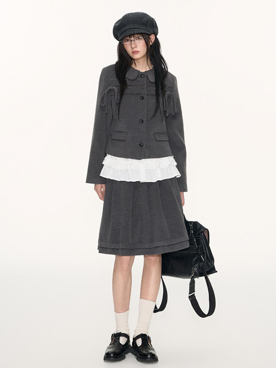 TAKEANAP Ribbon Trim Jacket & Pleated Skirt Set-up
