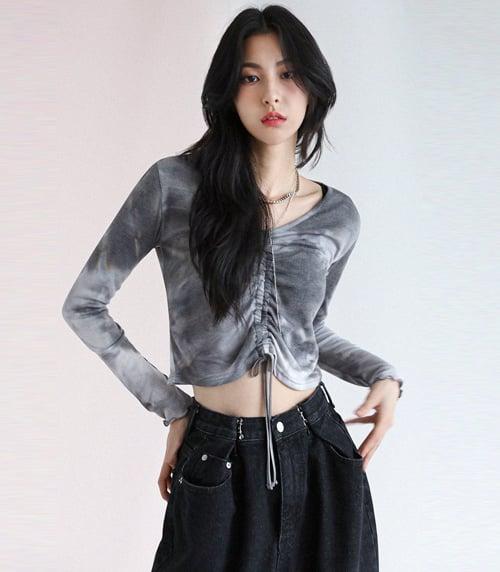 브이넥 타이다이 롱 티셔츠-그레이