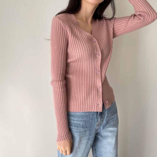 (기획) 슬림핏 골지 브이넥 버튼 니트 가디건 6color