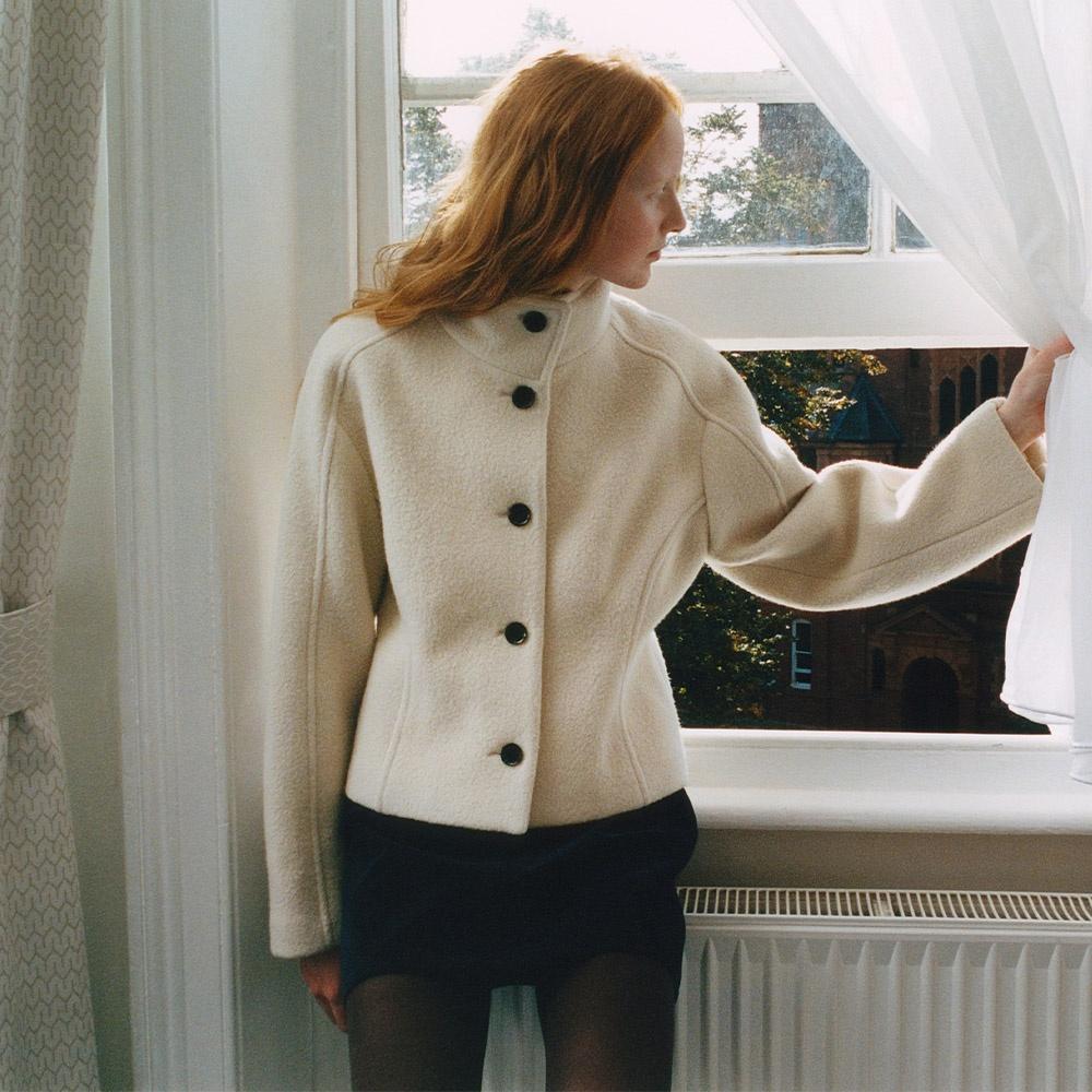 High Neck Short Coat in Ecru Beige VW3WJ032-9F