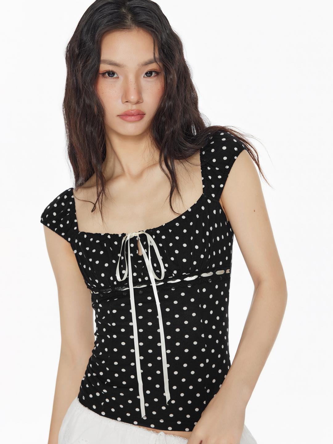 Square Neck Polka Dot Knotted Short Sleeve Top