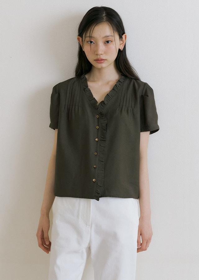 pintuck frill blouse-khaki brown