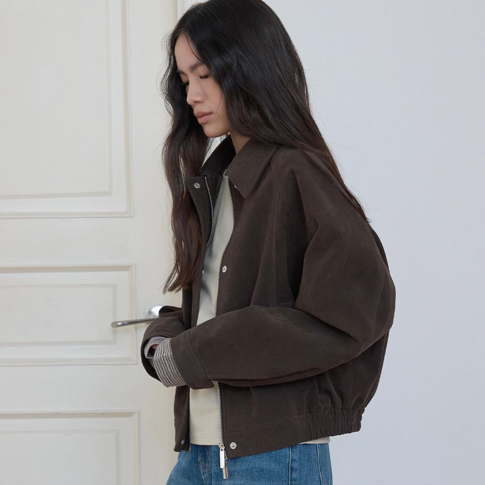 SUEDE PLEATS BOMBER JACKET_DARK BROWN