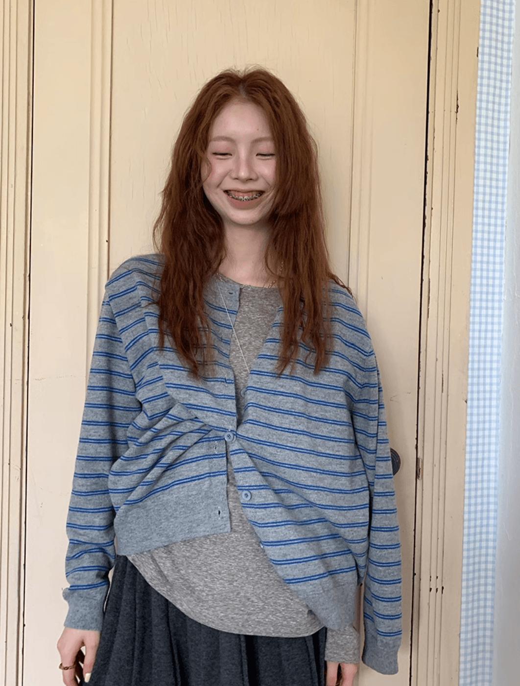 EMUNIEM レトロボーダーカーディガン E1386 - GRAY / S