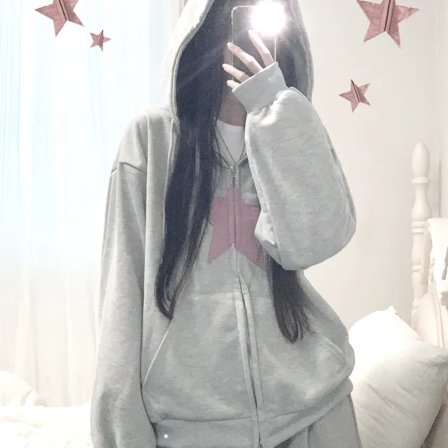 그레이 루즈핏 핑크 별 패치 배색 투웨이 지퍼 포켓 후드집업