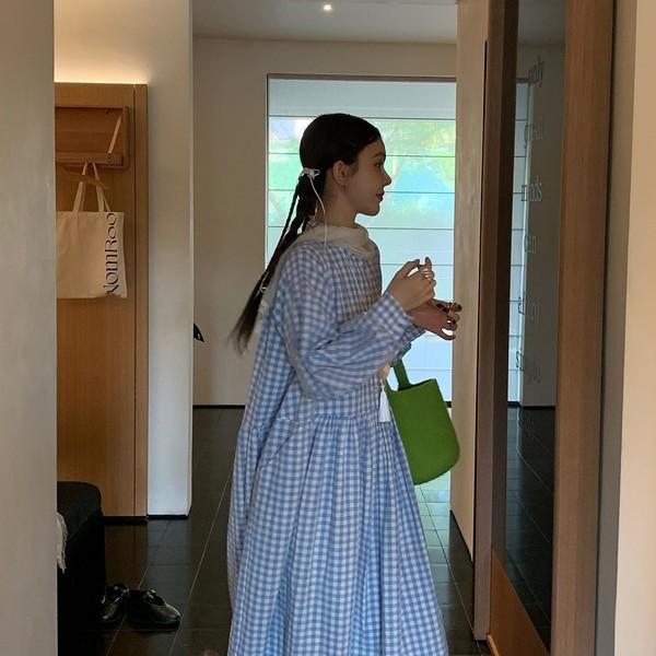 LRIB retro literary blue and white plaid stand collar long sleeve dress