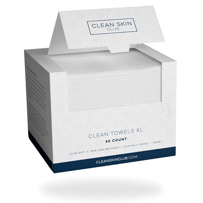 Clean Skin Club Clean Towels XL, 100% USDA 바이오베이스 페이스 타월, 일회용 페이스 타올, 메이크업 리무버 드라이 물티슈, 울트라 소프트, 50개, 1팩