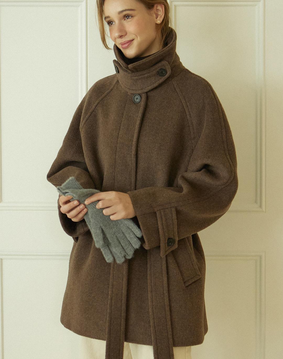 Raglan Belted Wool Half Coat - Brown