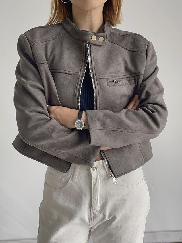 3color 스웨이드 노카라 레더 브라운 크롭 라이더 가죽자켓