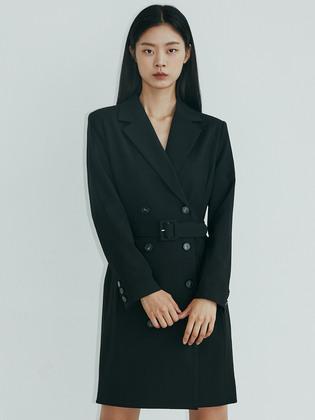 DOUBLE TAILORED COLLAR BELT JACKET ONE-PIECE BASIC BLACK