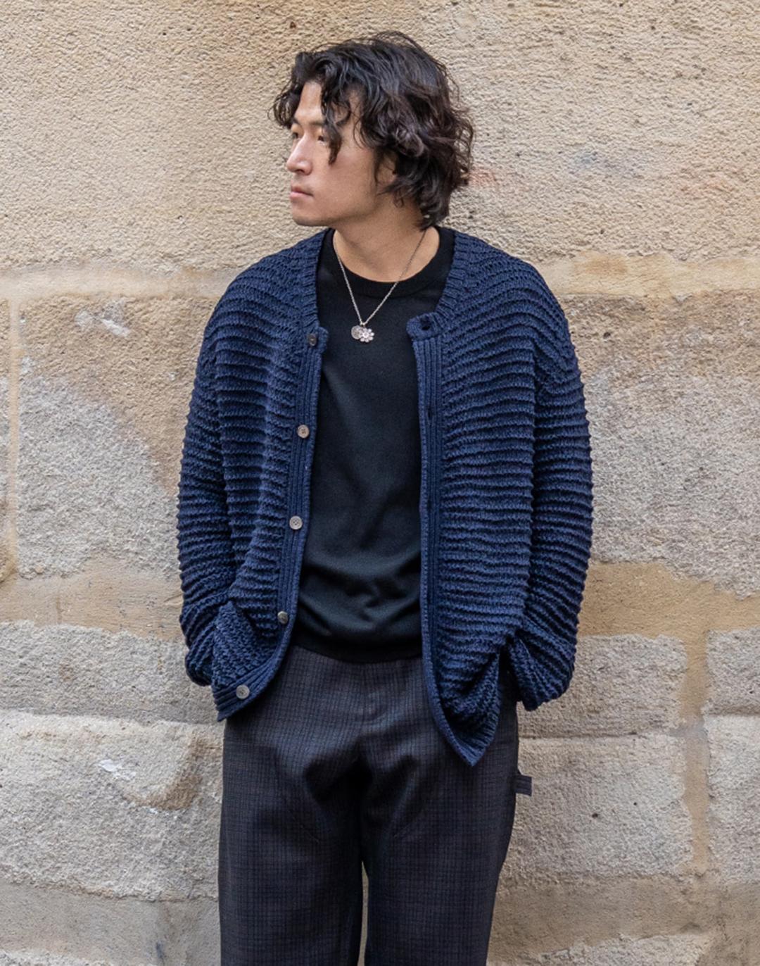 네이비 크루넥 니트 가디건