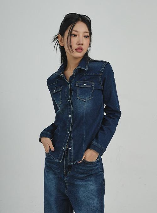 메시얼 버튼 기모 데님셔츠 C3011