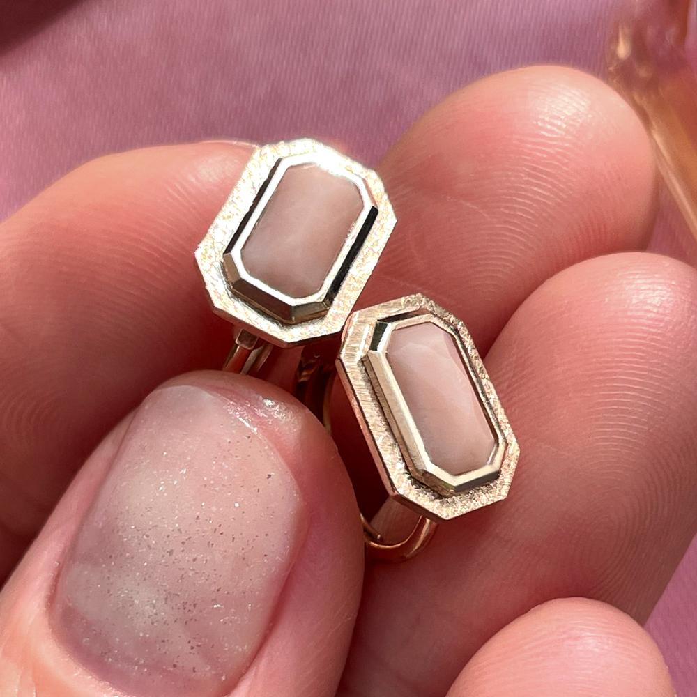 14K 18K 로즈컷 사각 핑크 오팔 링 귀걸이