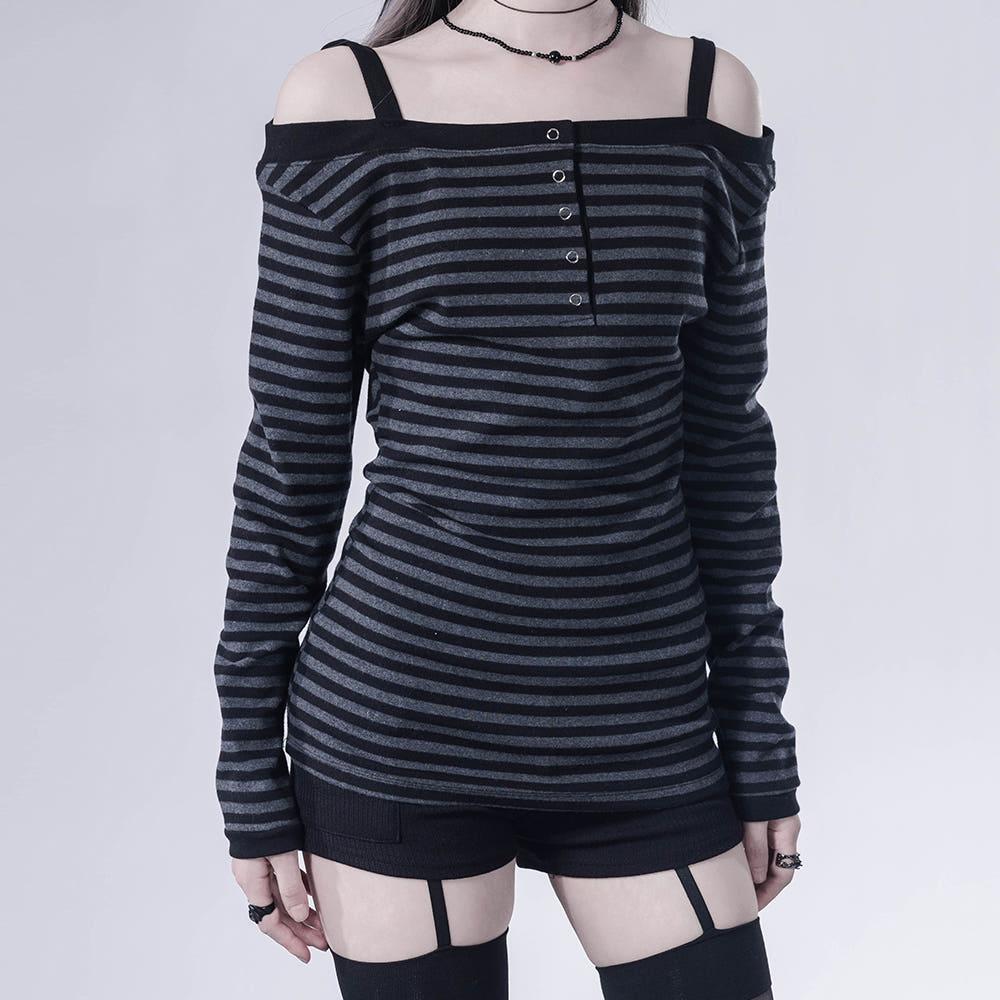 단가라 슬림 롱 스트라이프 오프숄더티셔츠