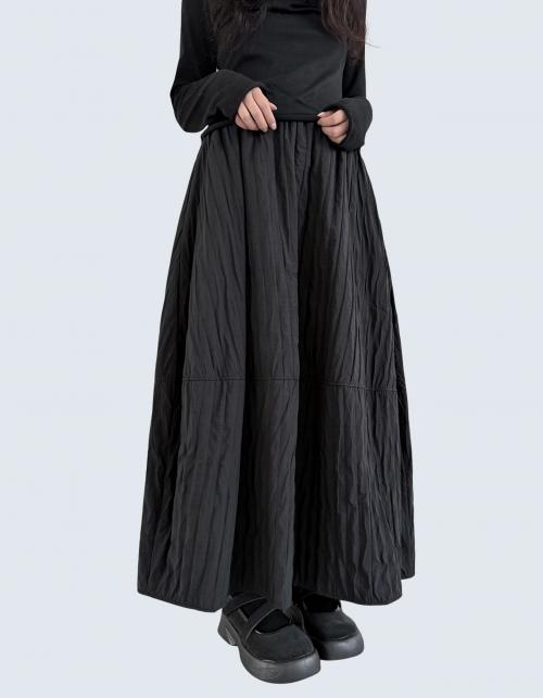 A-line winter black long pleated skirt