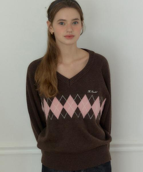 브이넥 아가일 니트 - 브라운