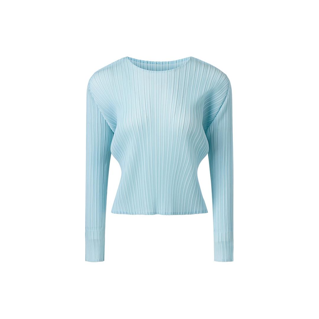 [여성] 라운드넥 긴소매 크롭 플리츠 티셔츠 (라이트 블루)