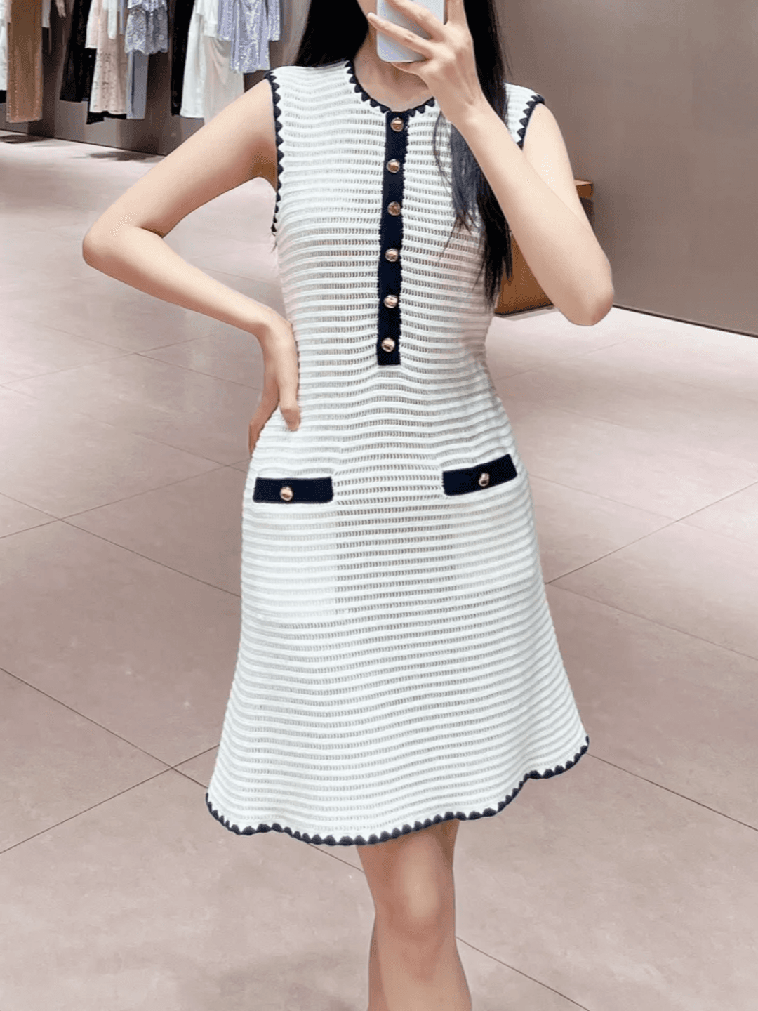 웨이브 배색 니트 미니 원피스