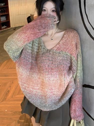 [레드/옐로우] 루멘 브이넥 타이다이 레인보우 배색 파스텔 가오리 y2k 유니크 오버핏 긴팔 롱 니트