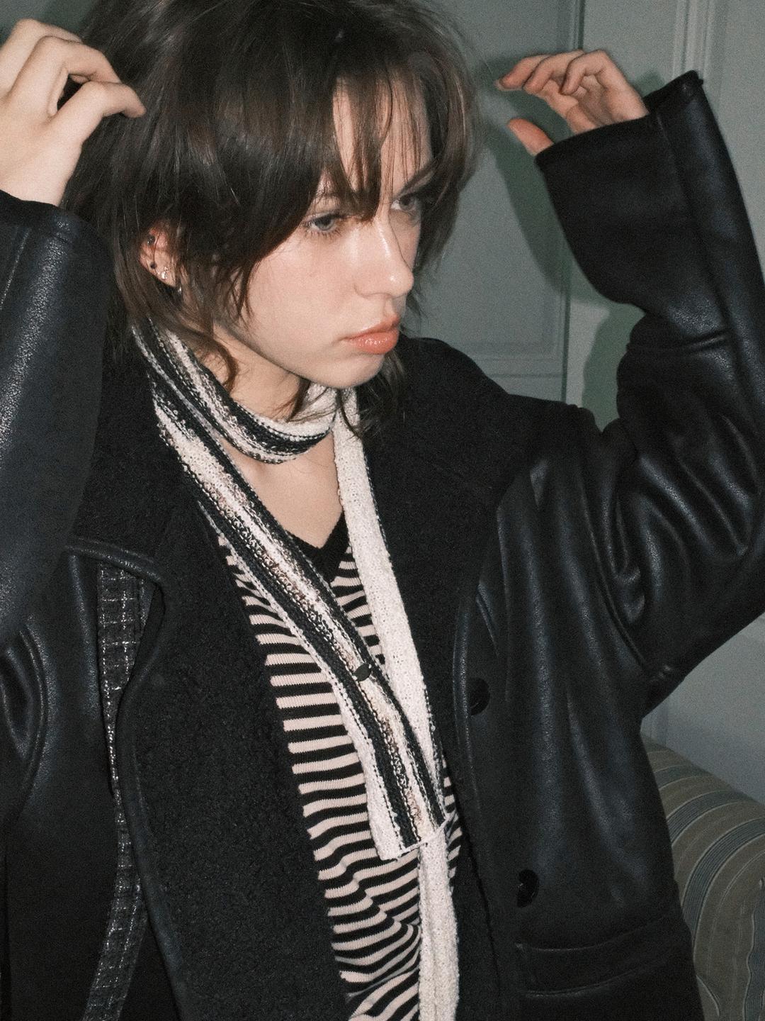 Knit Long Muffler_Ivory&Black