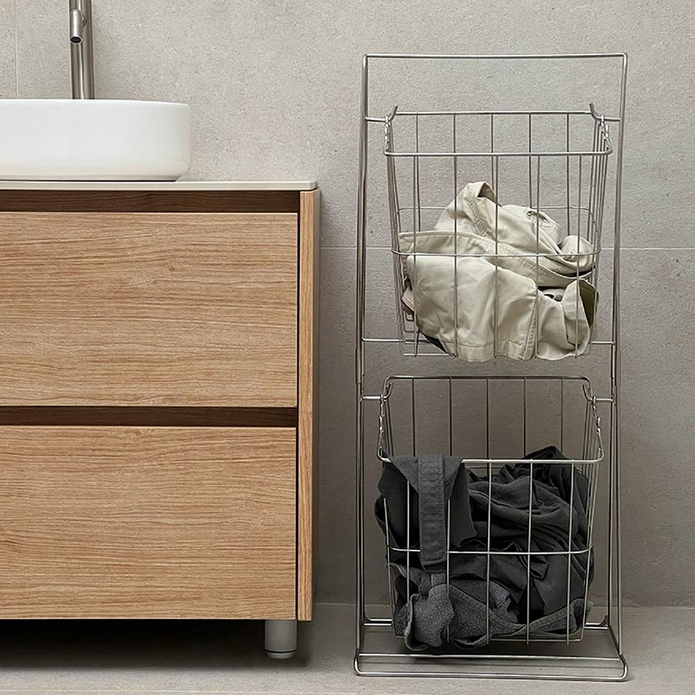 스윙 2단 스텐 빨래 바구니 세탁 빨래통 틈새 철제 올스텐 런더리백 네트망 바스켓 적층형